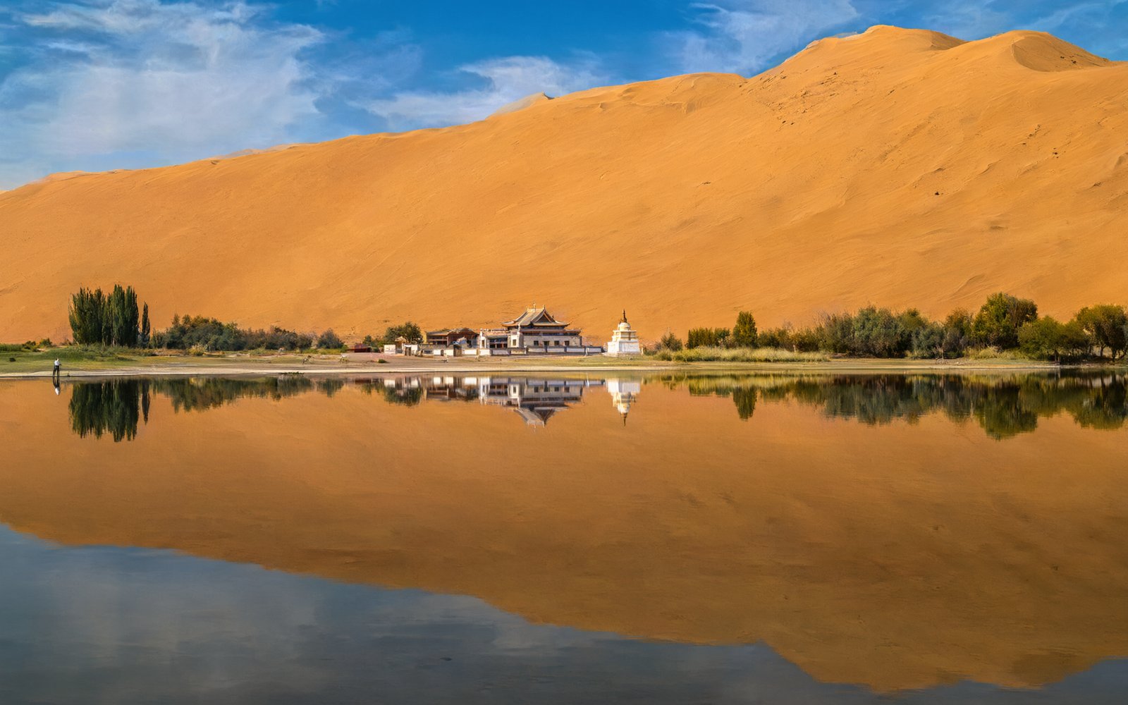 White temple buildings on the shore of Miao Haizi with a high dune behind