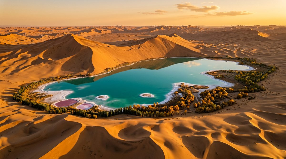 Badain Jaran Desert Alxa Inner Mongolia towering sand dunes with crystal blue lake between them at sunset