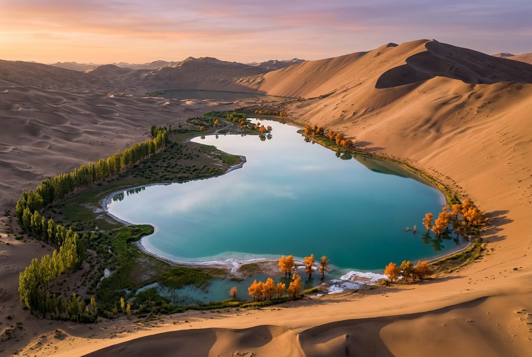 Badain Jaran Desert lake between dunes turquoise water surrounded by towering sand mountains Alxa