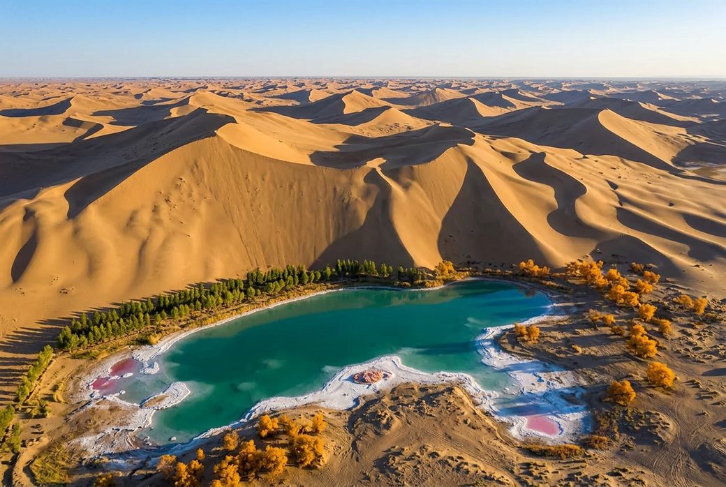 Badain Jaran Desert tallest stabilised dunes, about 460 meters, with a lake below, Alxa