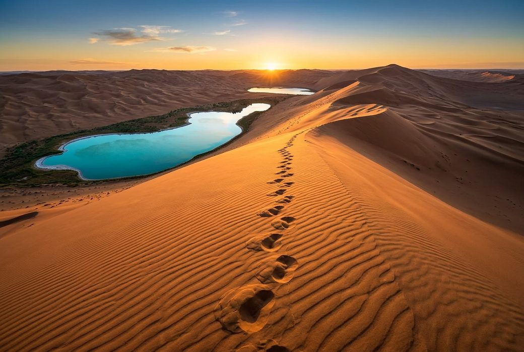 Singing Sand Mountain Mingsha Shan Alxa desert dunes with resonant sand phenomenon sunset