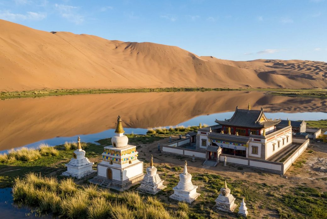 Nanzong Temple Alxa Tibetan Buddhist desert temple white stupa lake reflection Inner Mongolia