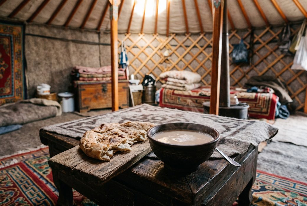 Alxa desert spring water Mongolian milk tea salty nomadic herder breakfast Gobi desert