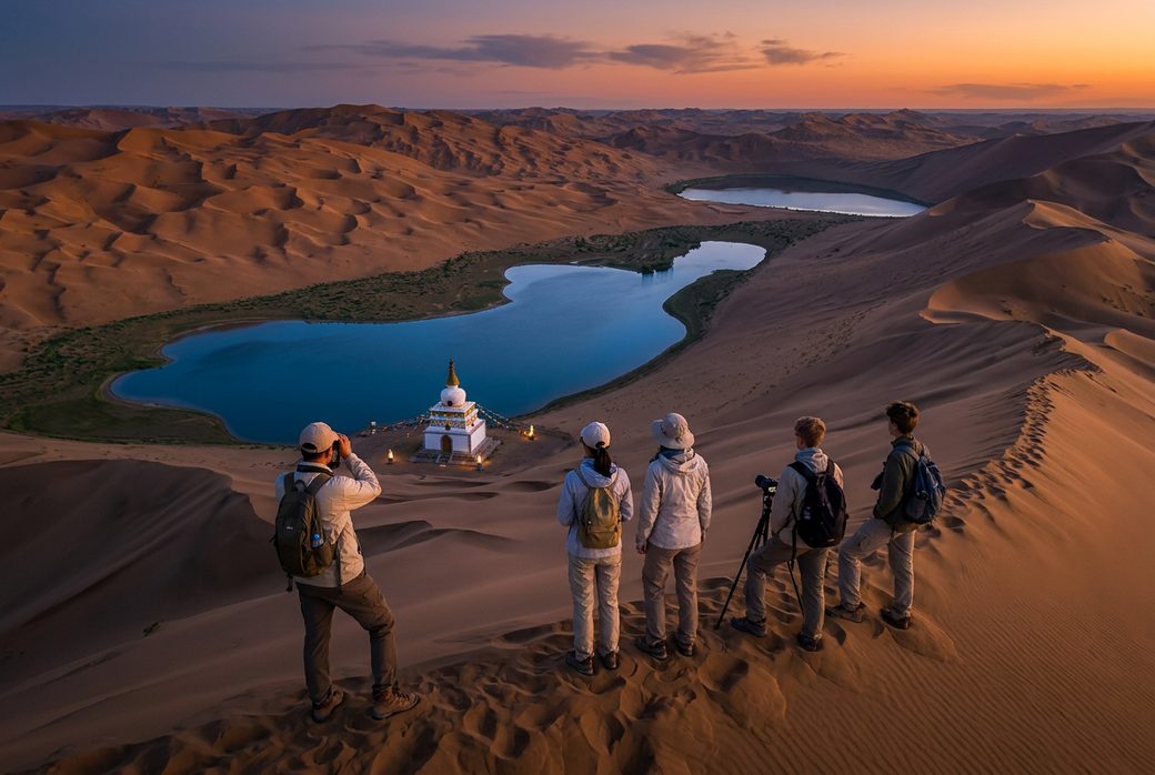 Badain Jaran Desert lake reflection dunes sunset Nanzong Temple stupa turquoise water Alxa