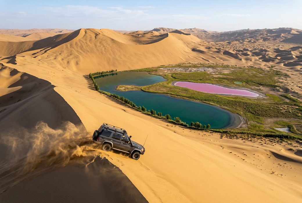 Badain Jaran Desert singing sands 4WD expedition remote interior dunes vast wilderness Alxa