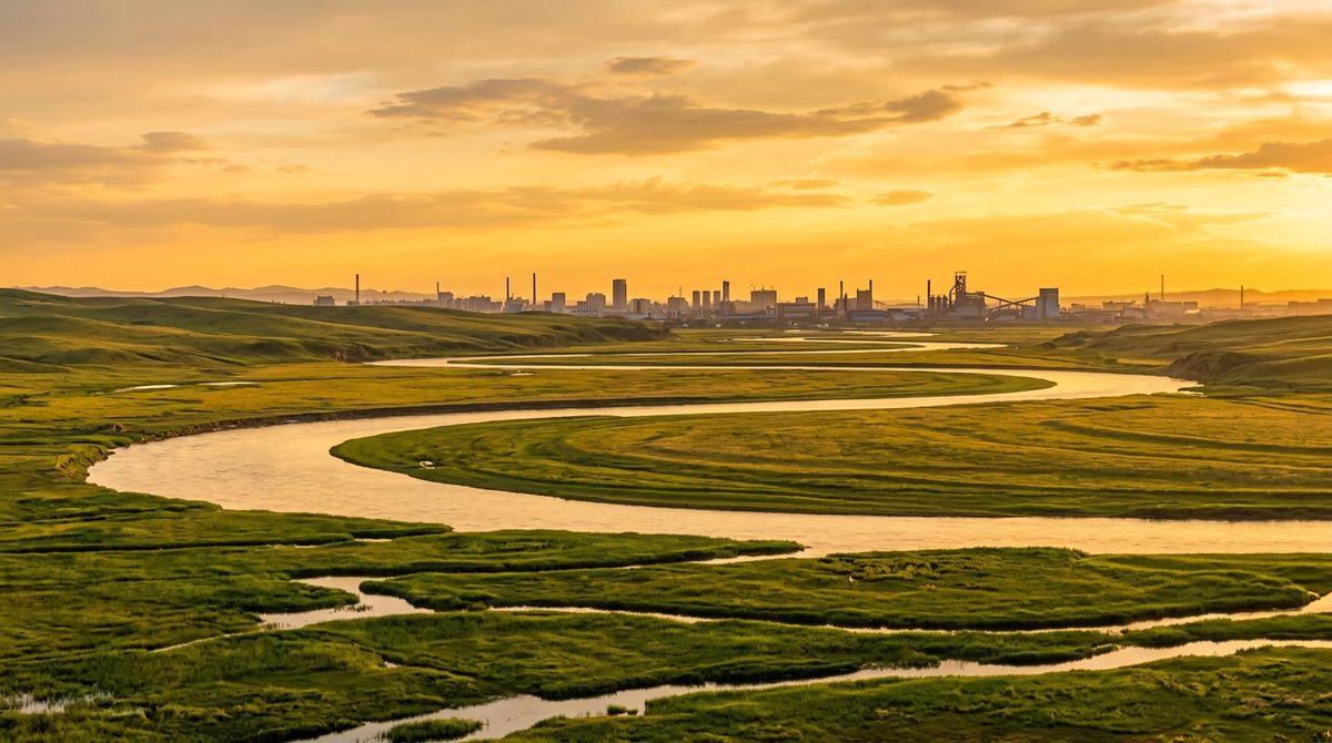 Baotou Yellow River bend at sunset steel city skyline silhouette and open grassland beyond golden light Inner Mongolia