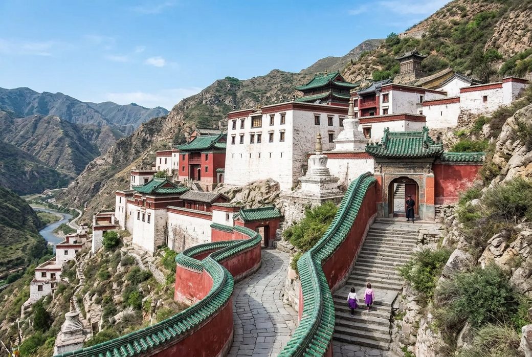 Baotou Wudang Monastery whitewashed buildings climbing a mountain slope in the Yin Mountains blue sky Inner Mongolia