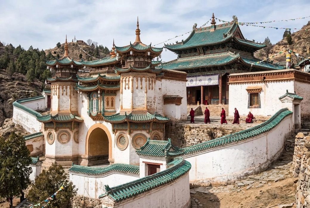 Wudang Monastery whitewashed Tibetan Buddhist buildings on a hillside prayer hall and monks Baotou Inner Mongolia