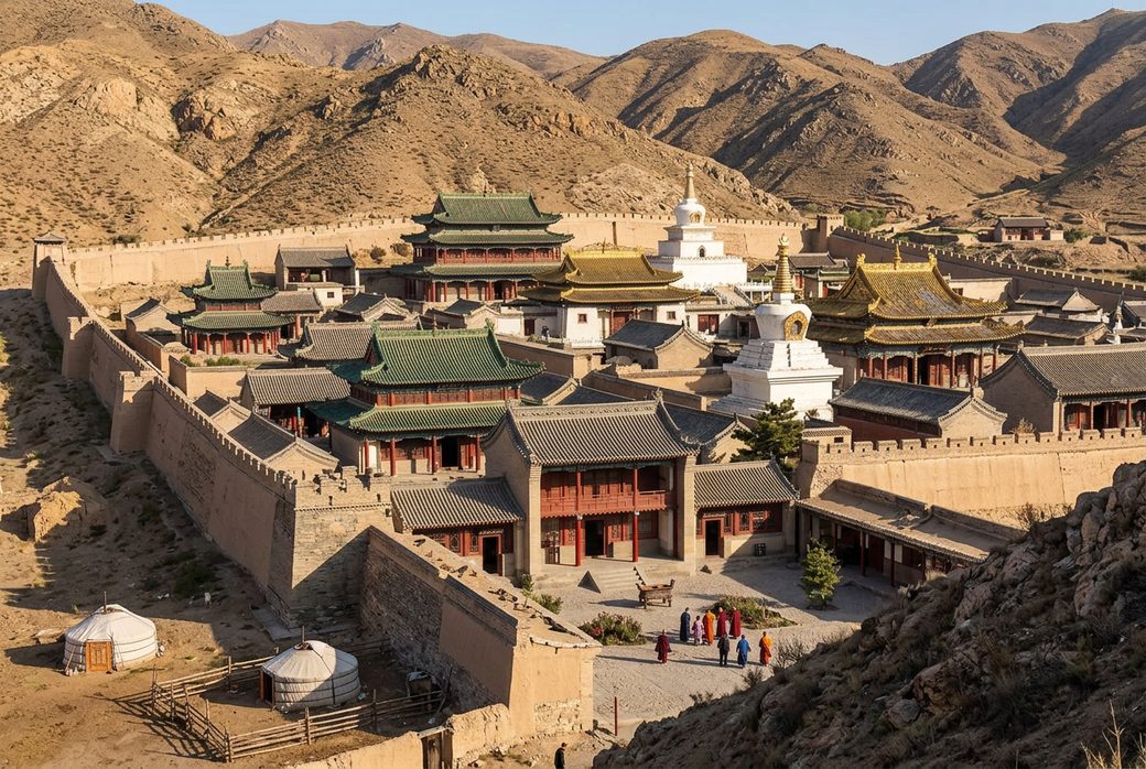Meidai Monastery walled temple town with Chinese style halls and fortress walls Tumed Mongol Baotou