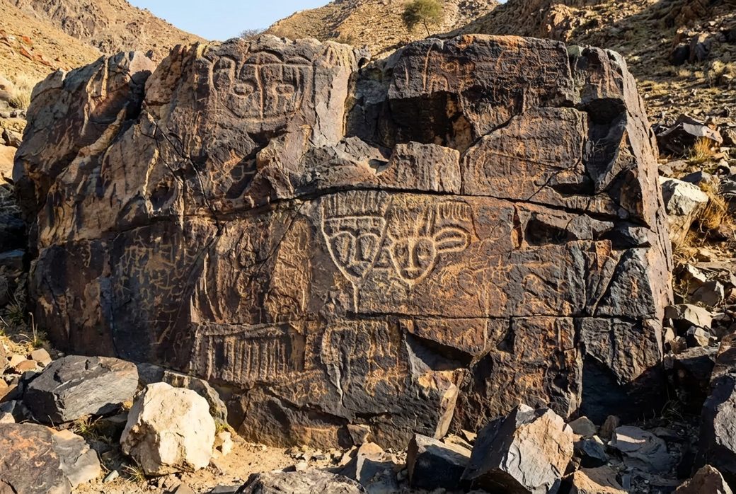 Yin Mountain rock art carved animal and hunting figures on dark rock face Inner Mongolia