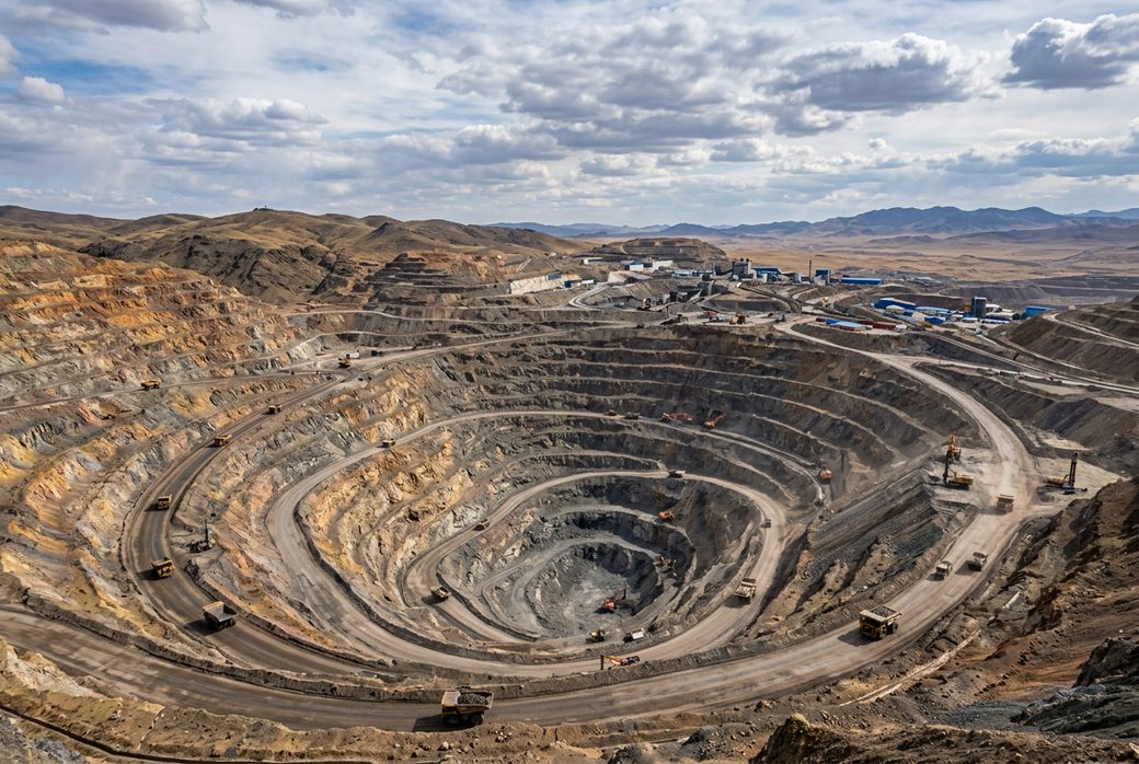 Bayan Obo open pit rare earth mine terraces and machinery under wide sky Baotou