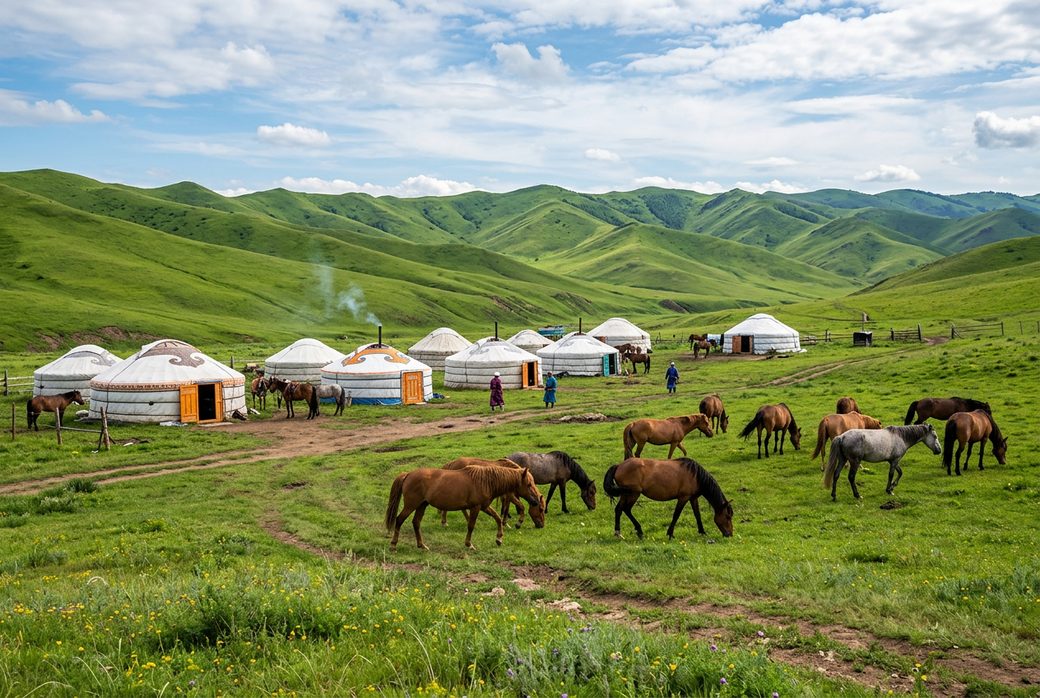 Honghuanaobao grassland yurts and horses on summer steppe with green hills Baotou