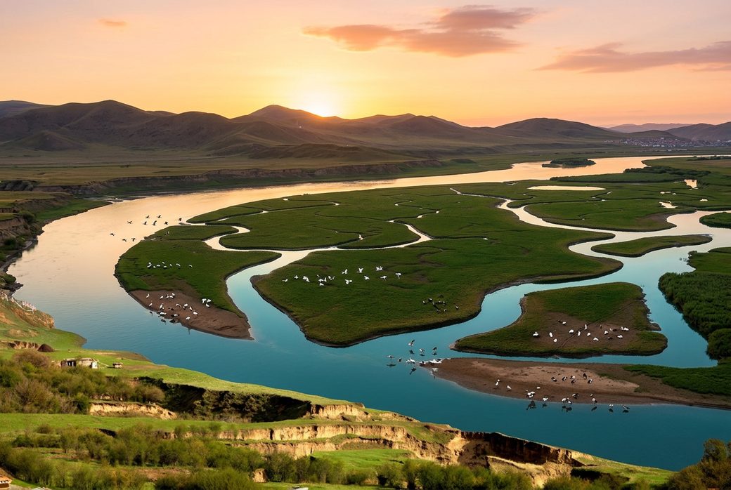 Yellow River bend wetland sandbars and reeds with migratory birds at sunrise Baotou