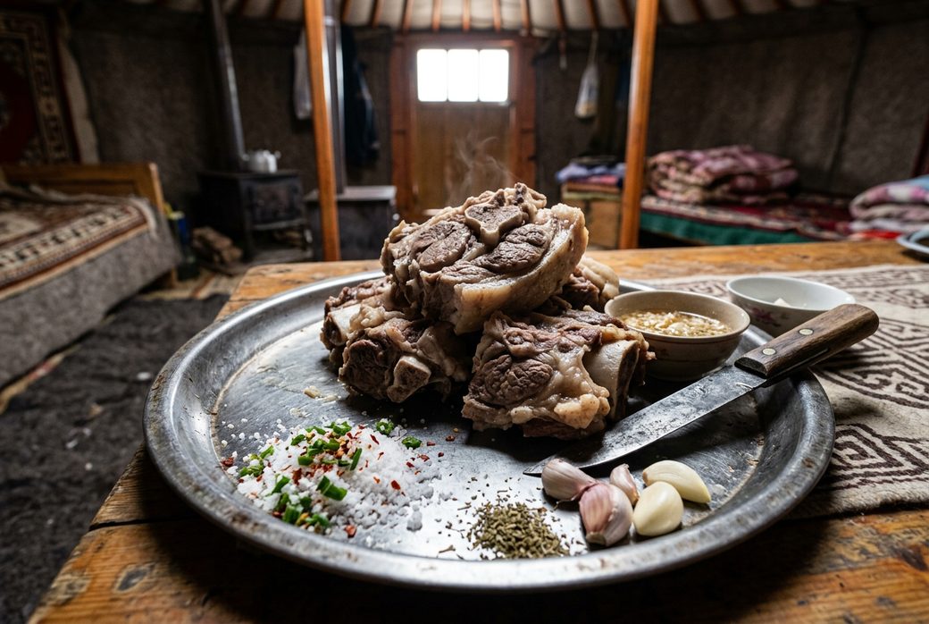 Hand-grabbed mutton on the bone on a metal platter with salt and garlic Inner Mongolia