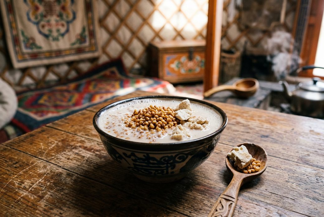 Mongolian salty milk tea with fried millet and dried curds in a bowl rustic table
