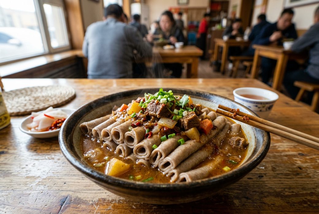 Steamed oat noodles rolls with mutton sauce in a bowl Inner Mongolia youmian