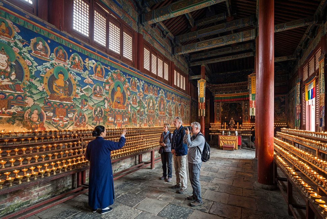 Visitors and a guide in a prayer hall at Wudang Monastery with butter lamps and murals