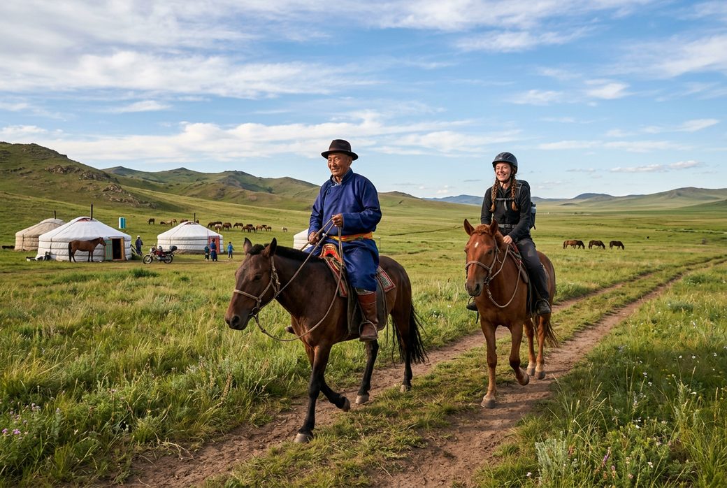 Horse riding on the summer steppe with a herder guide near yurts Inner Mongolia