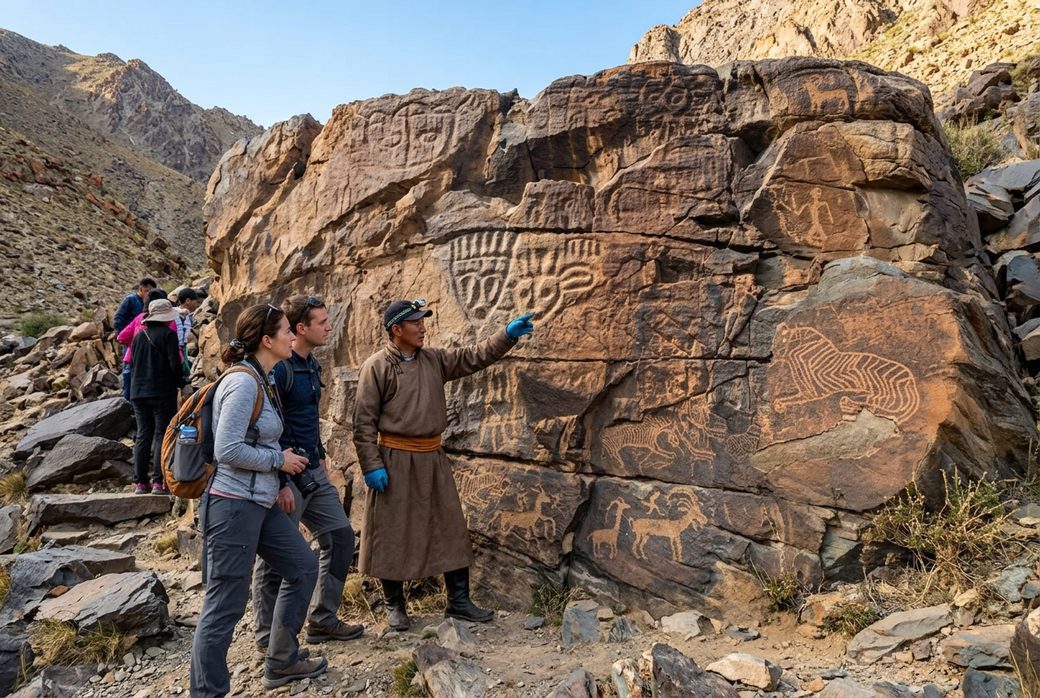 Guide and visitors examining carved figures on a rock face in the Yin Mountains