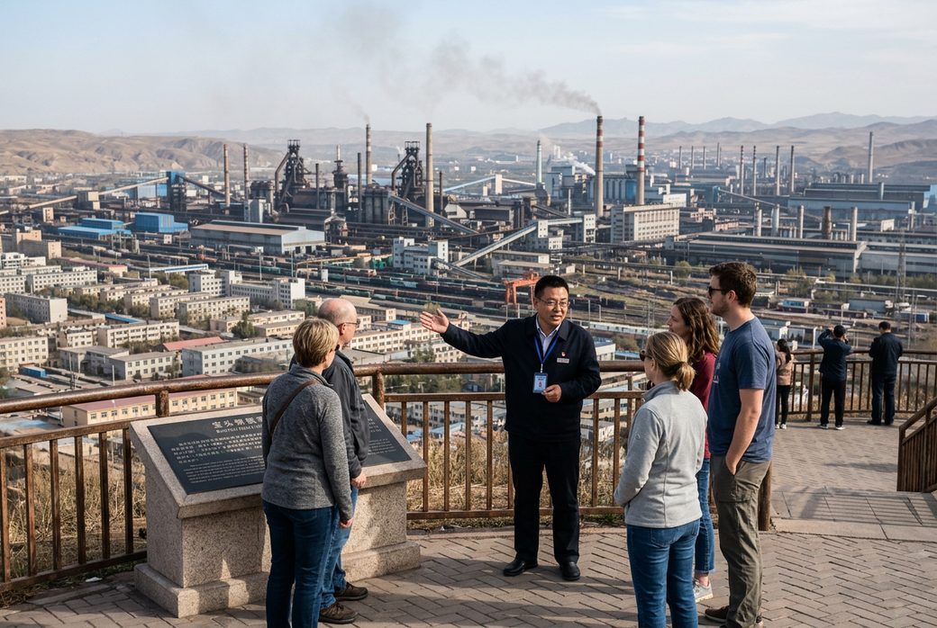 Baotou steelworks seen from a viewing point with a guide explaining the city industry