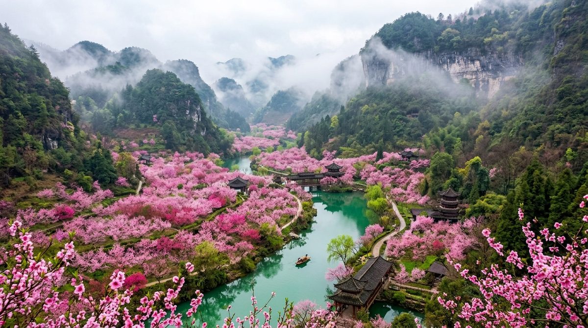 Changde Peach Blossom Spring gorge in spring pink peach blossom trees along a stream mist on green hills Hunan