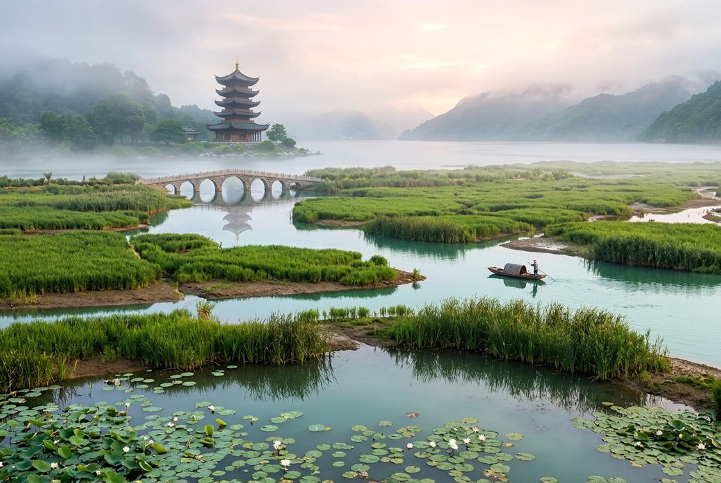 Changde Dongting Lake wetland at sunrise reeds and misty water with a fishing boat Hunan