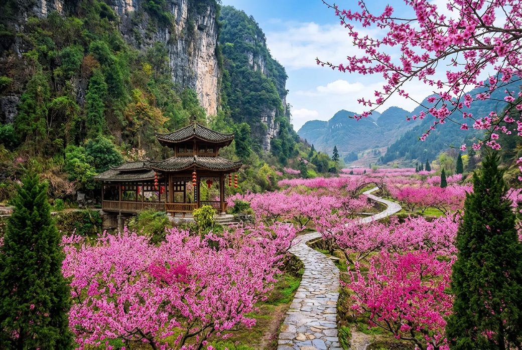 Peach Blossom Spring Taoyuan scenic park pavilion among blooming peach trees and a stone path Hunan