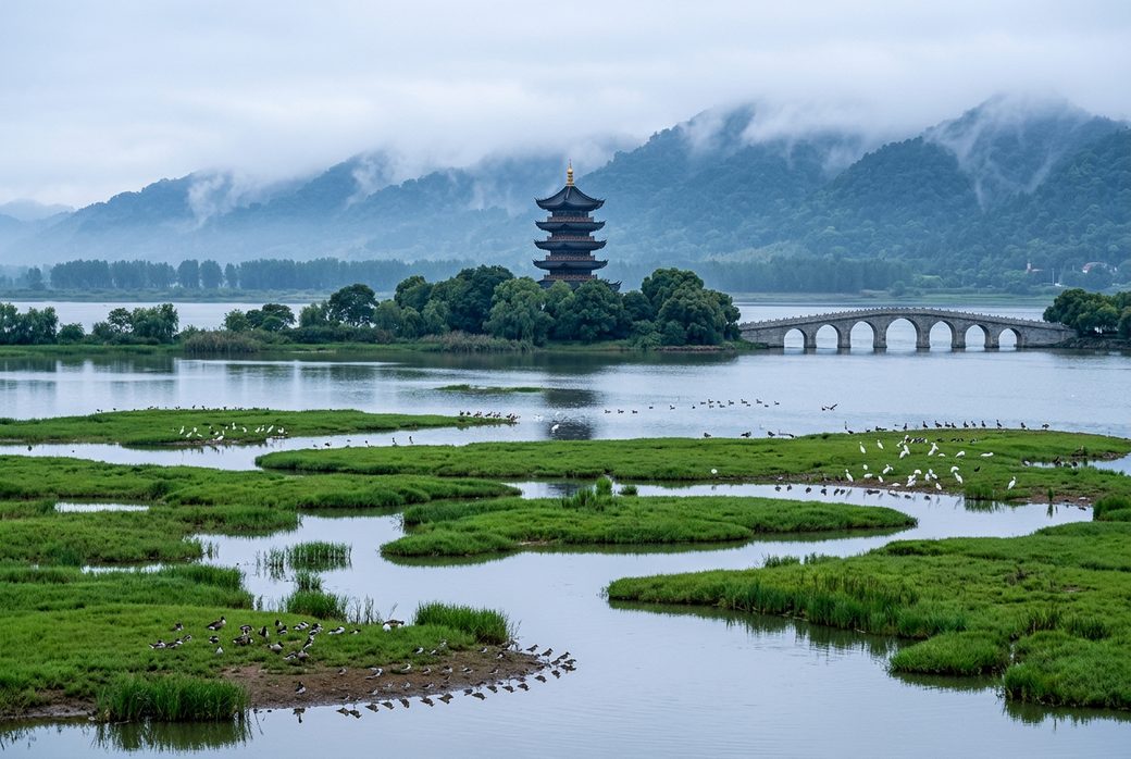West Dongting Lake wetland reserve with reeds and wintering waterbirds on calm water Hunan