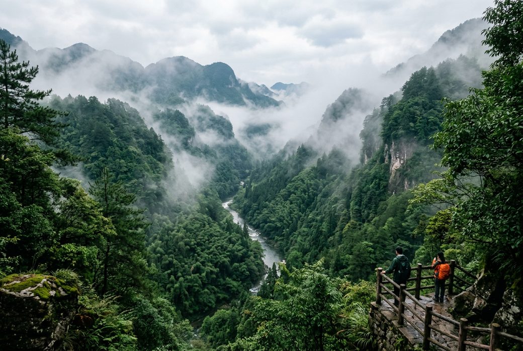 Huping Mountain forest reserve deep green valley and mist Shimen Hunan