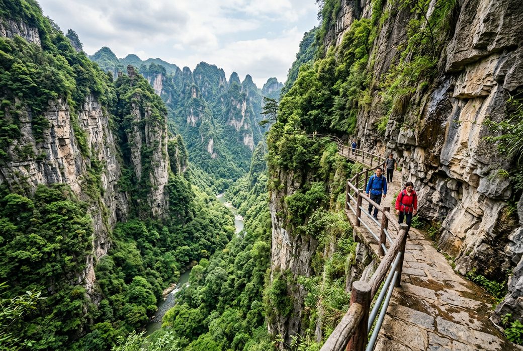 Baizhangxia karst gorge cliff trail with green trees Hunan