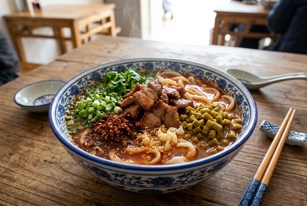 Changde rice noodles in broth with pork slices and chili in a bowl Hunan breakfast