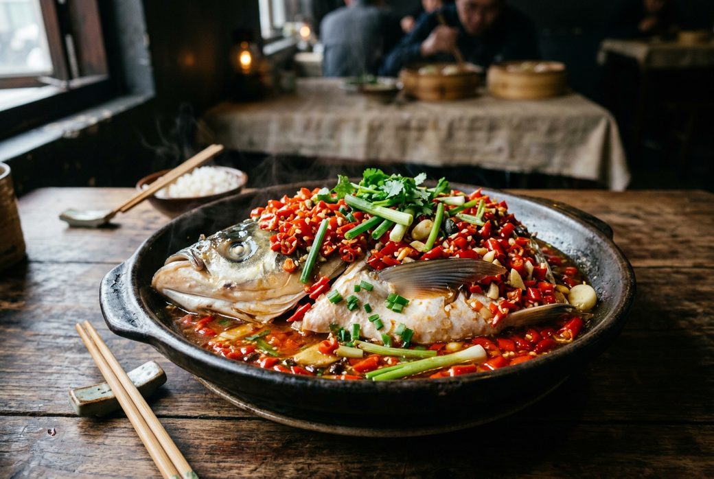 Chopped chili fish head steamed in a dish red chili topping Hunan cuisine