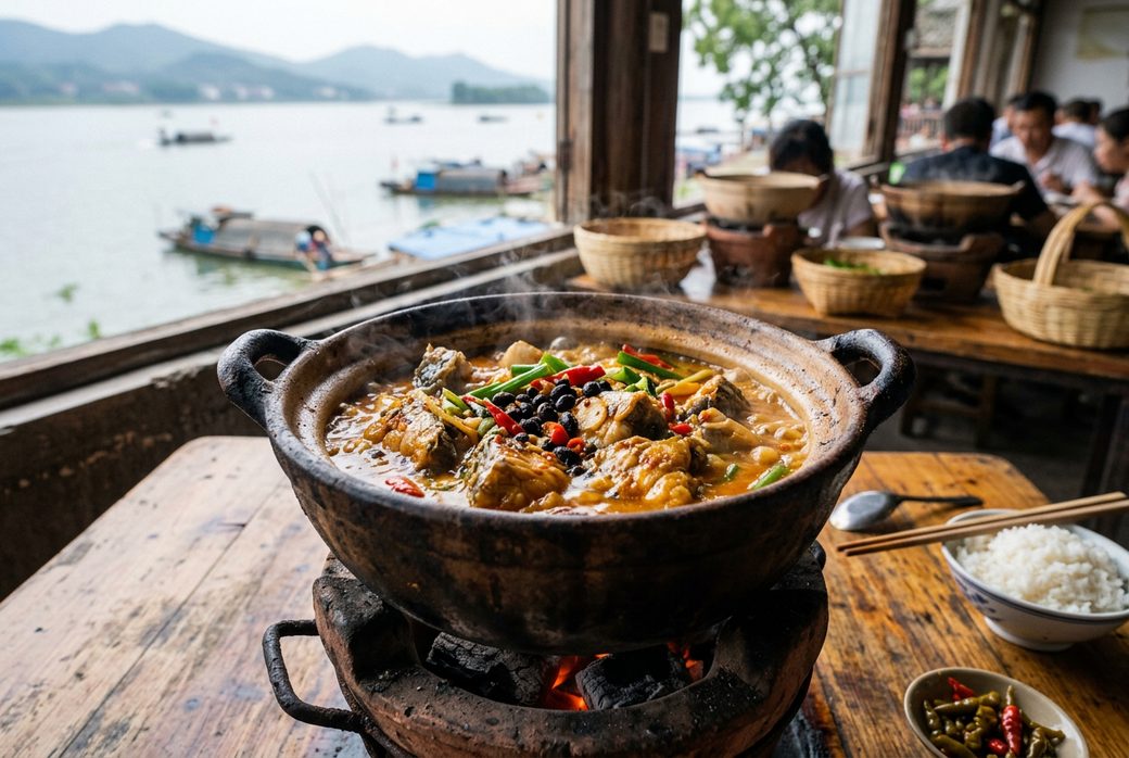 Dongting Lake freshwater fish stewed with fermented beans in a clay pot Hunan