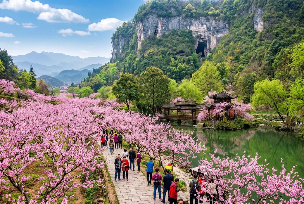 Visitors walking the Peach Blossom Spring valley path under blooming trees in spring Changde