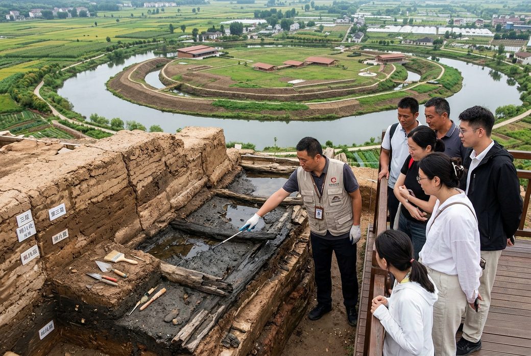 Archaeology guide explaining the moat and layers at Chengtoushan to a small group Hunan