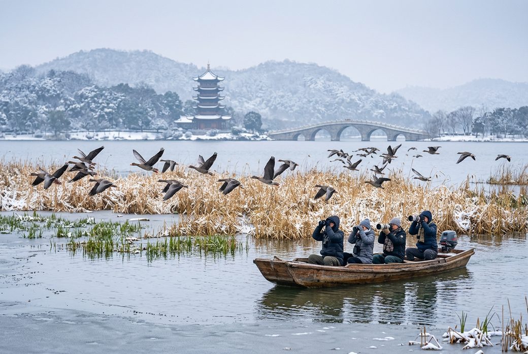 Birdwatchers on a boat on Dongting Lake in winter wild geese flying low reeds