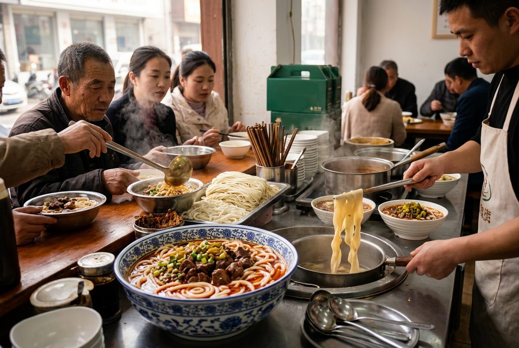 Local rice noodle shop counter with steaming bowls and customers breakfast Changde