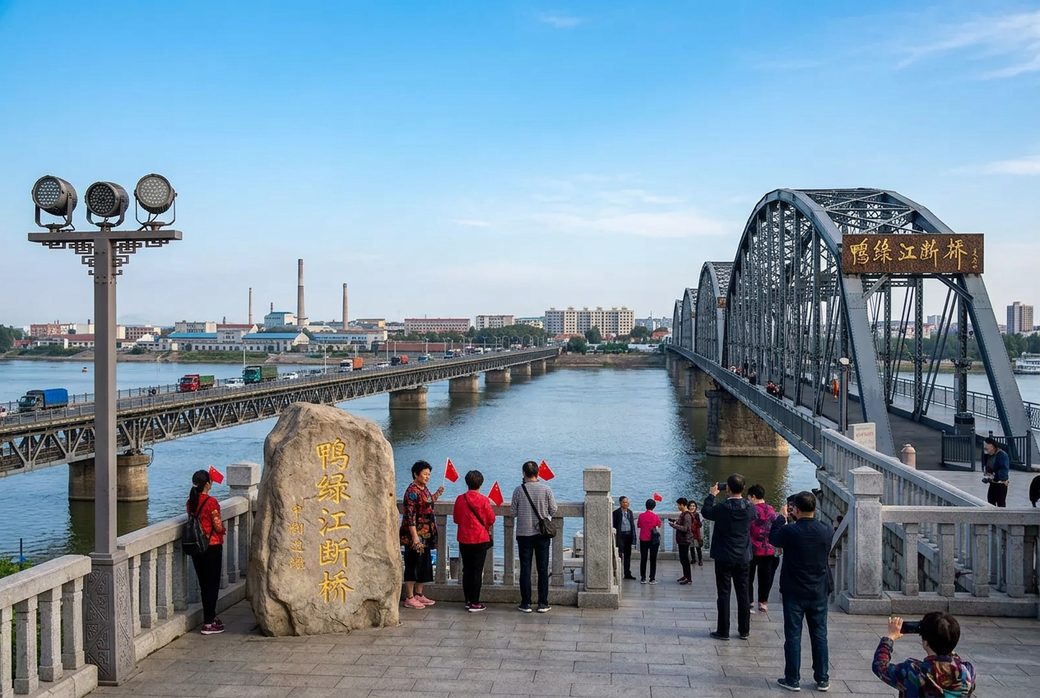 Dandong Yalu River riverfront promenade with visitors looking across the water at Sinuiju town on the opposite bank blue sky