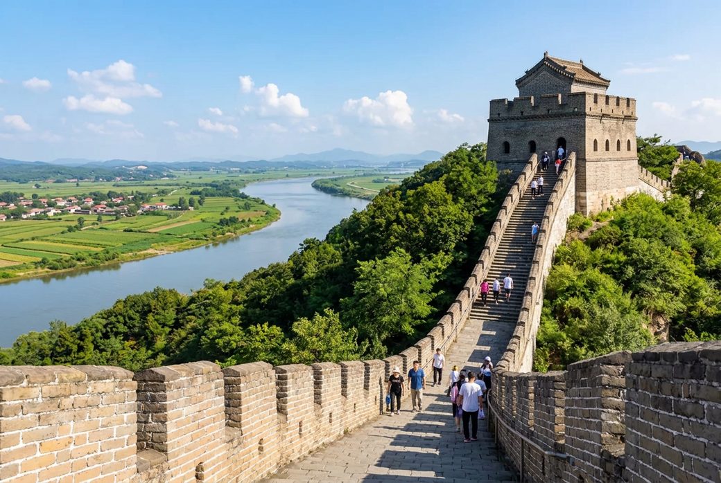 Hushan Great Wall rebuilt Ming wall climbing a hill above the Yalu River with watchtower and trees