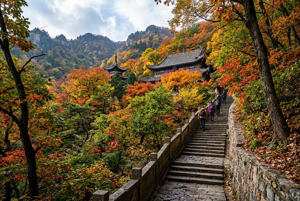 Wulong Mountain forest park with temple roof among autumn foliage and stone steps Dandong