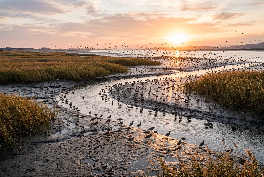 Yalu Estuary wetland reeds and mudflats with migratory shorebirds at sunrise Dandong coast