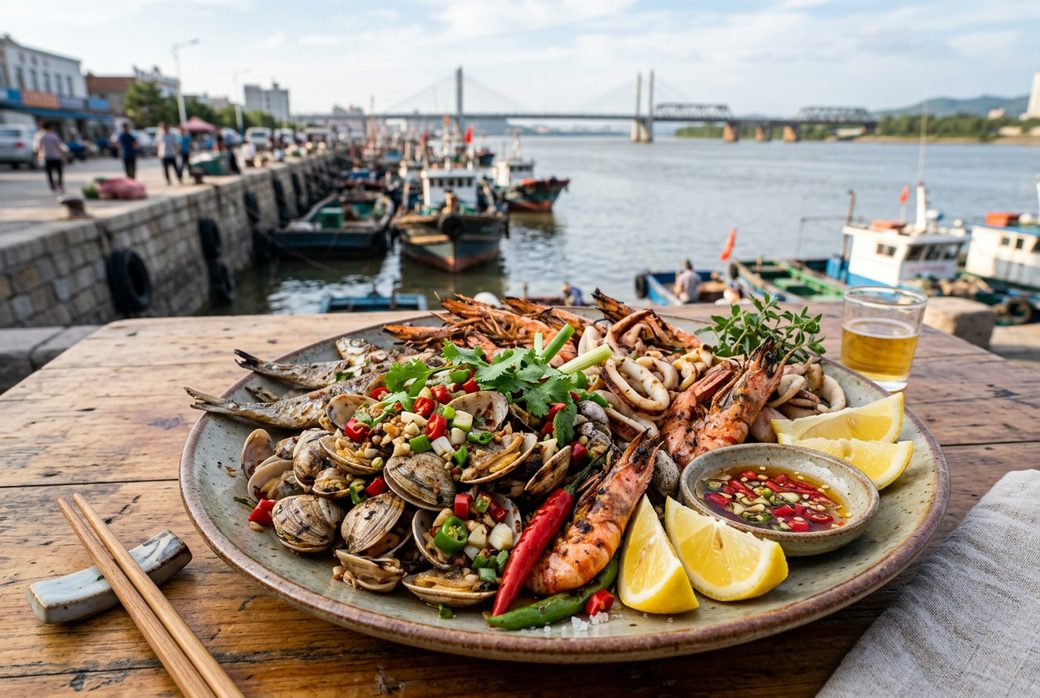 Yellow Sea clams and grilled seafood on a platter with lemon and chili Dandong harbor