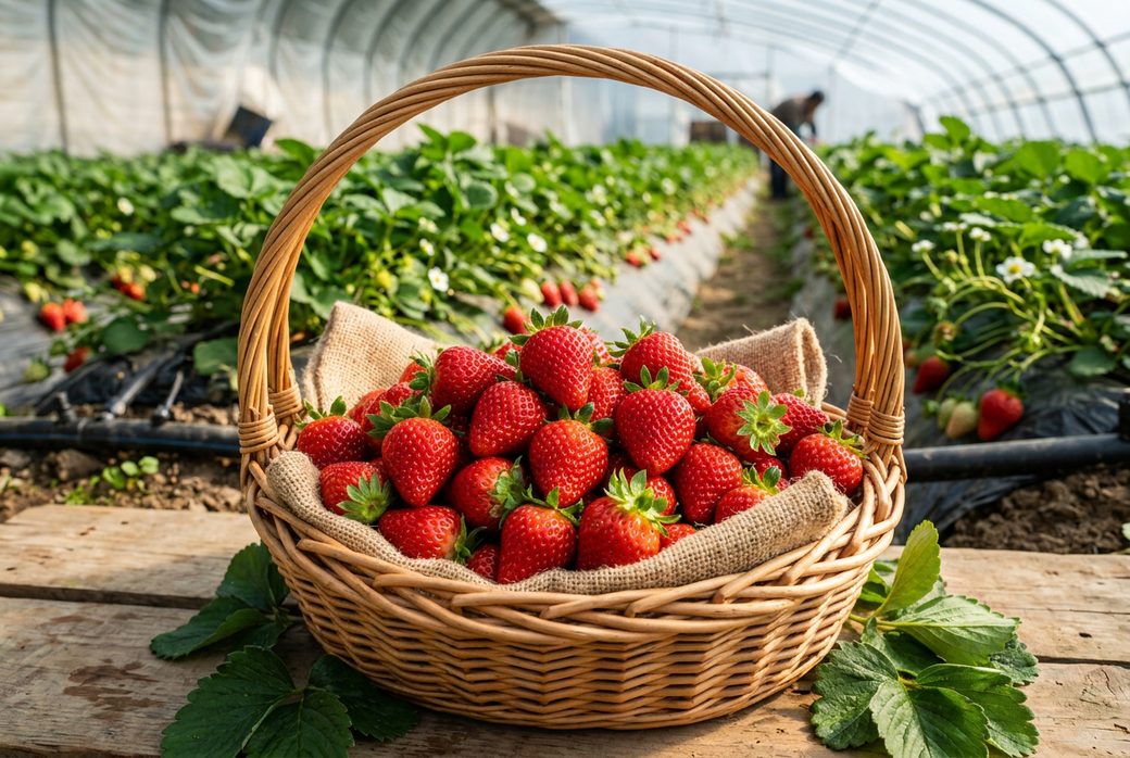 Dandong strawberries bright red in a basket greenhouse fresh winter fruit Liaoning