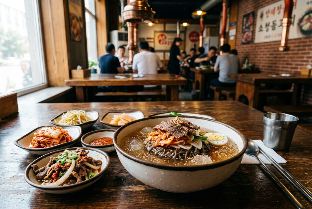 Korean cold noodles bowl with kimchi and sliced beef and Korean barbecue Dandong restaurant