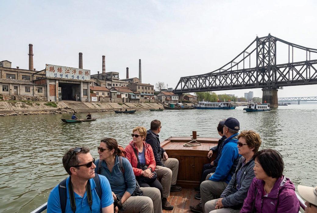 Tourists on a small boat on the Yalu River seeing the North Korean bank close by Dandong