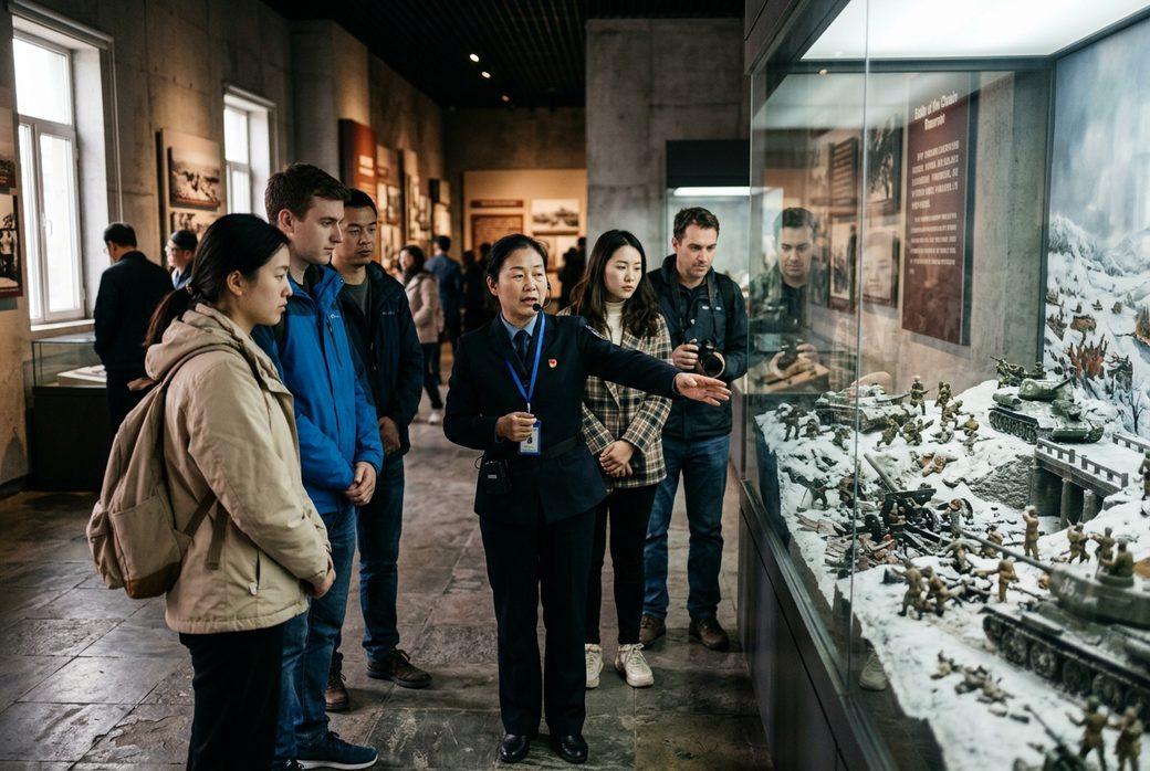 Visitors at the Korean War memorial exhibition hall with a guide explaining dioramas Dandong
