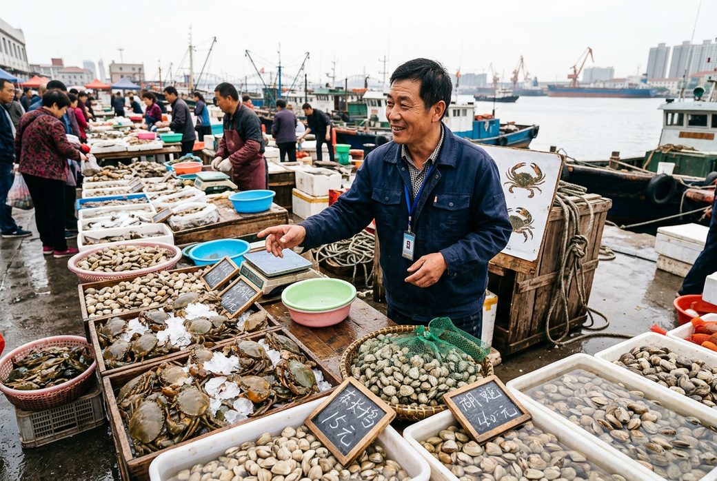 Harbor seafood market stalls with fresh crabs and clams and a local guide Dandong