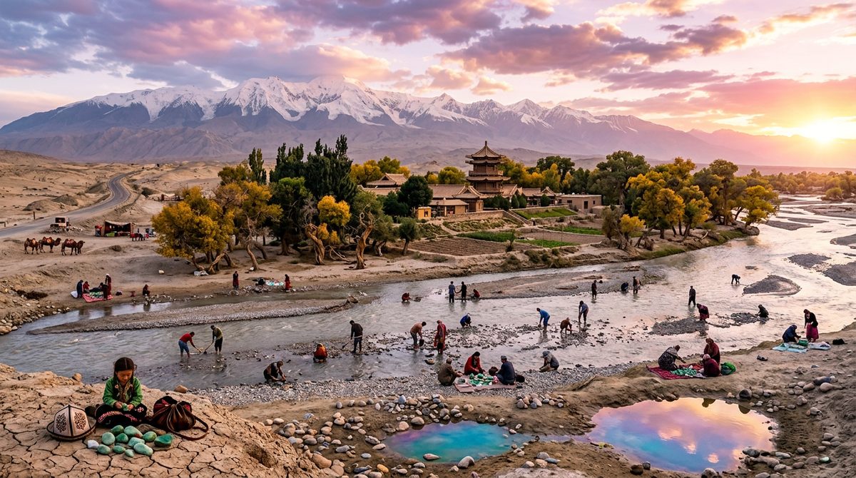 Hotan oasis southern Taklamakan edge poplar trees and a river bed with jade collectors at sunset Xinjiang Silk Road