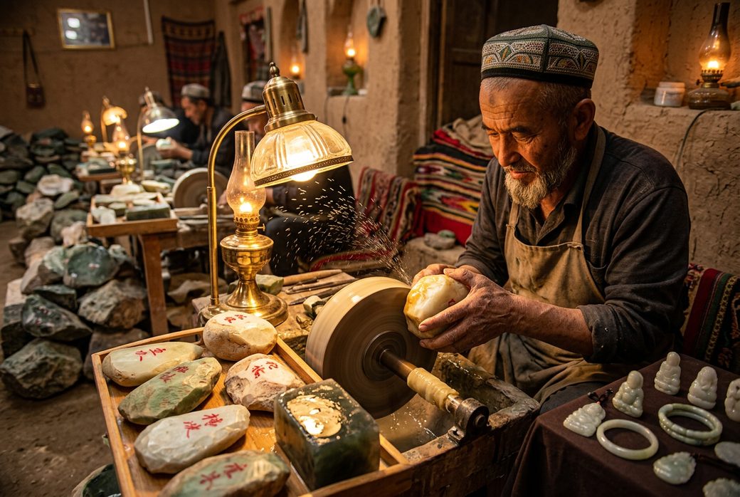 Hotan jade workshop craftsman carving white nephrite on a wheel in warm lamp light Xinjiang
