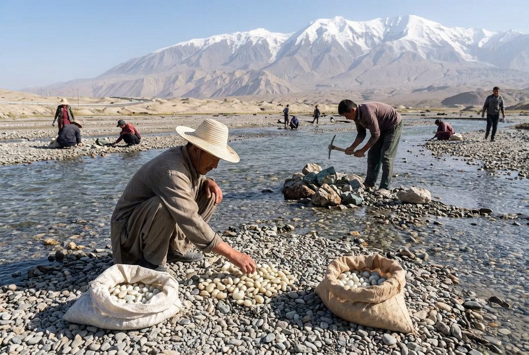 Yurungkash river bed with people collecting white jade pebbles from the gravel Hotan Xinjiang